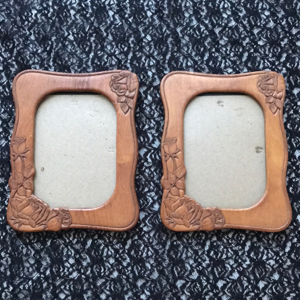 Carved Wooden Floral Photo Frames - Pair